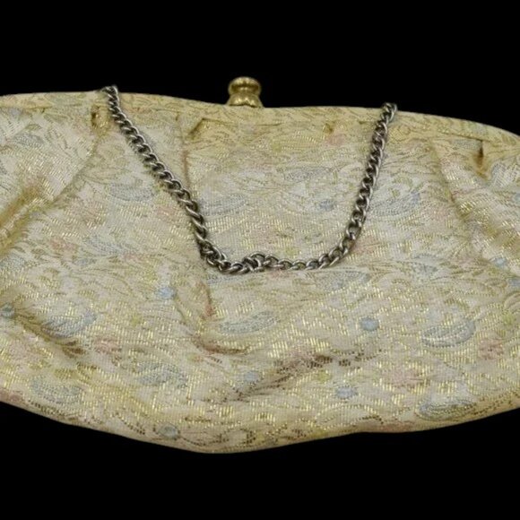 MCM Vintage Brocade Clutch Evening Bag Gold Pink Blue  Purse - Picture 5 of 8